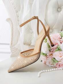 CUCCOO HITCHD 2026 Neue Damen verstellbare Schnalle modische und elegante High-Heels, 9cm spitze Stiletto Schuhe, Aprikose leeres Mesh gepresste Strass Glas dekorative Pyramiden Absatz sexy High-Heels, charmante After-Party Riemen Knöchelriemen Stiletto Mode Schuhe, Büro Damen Outdoor Kleidung, geeignet für Hochzeiten, Abendessen, Partys, Frühlingsferien Ostern Aprikosen - Aprikose 1 - Übersicht 2