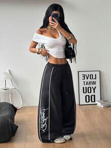 Coolane 女款夏季街頭風休閒運動服印花舒適健身跑步運動慢跑黑色寬鬆長褲 - 黑色 - 查看 5