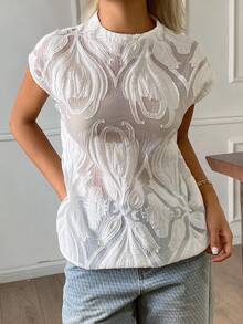 Livesso Camiseta de mujer de verano con encaje floral blanco, holgada, casual, elegante y de malla transparente para boda, fiesta y vacaciones - Blanco - Ver 6