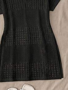 SHEIN Leap Crew Teen Girls Summer Beach Hollow Out Split Hem Cover Up Dress Without Bikini Set - Black - View 3