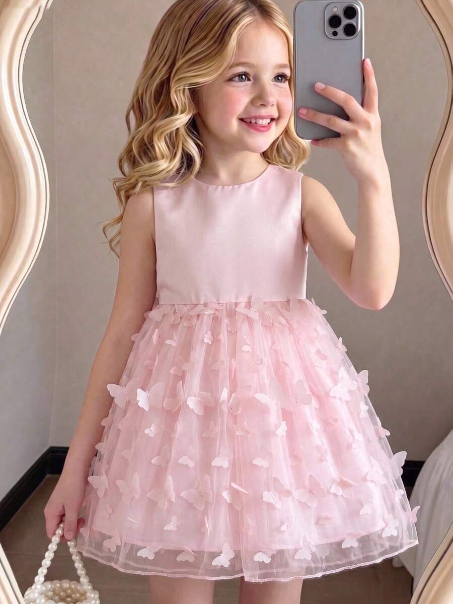 SHEIN Glamorique Kids 女童公主裙，花童礼服，生日派对婚礼节日正式礼服，缎面面料，无袖，粉色，多层薄纱裙摆饰有蝴蝶结，中东和欧洲风格蝴蝶结系带后背