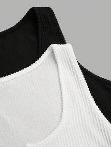 SHEIN Elenzya Two-Pack Plus-Size Solid V-Neck Sleeveless Tops. Minimalist Summer Casual & Back-To-School Style. - Black and White - View 6