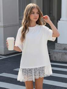 Tween Girls Casual All-Match Versatile Daily Lace Patchwork Loose Round Neck Short Sleeve T-Shirt - Blue - View 4