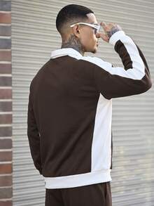 Devon Thys Men's Casual Sports Style Letter Print Contrast Color Half Zip Collar Sweatshirt And Drawstring Waist Sweatpants Set, Spring/Autumn - Brown - View 2