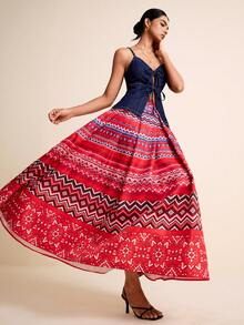 SURIMA Rok Longgar Motif Bunga Merah untuk Liburan Musim Semi/Panas Wanita - Merah - View 5