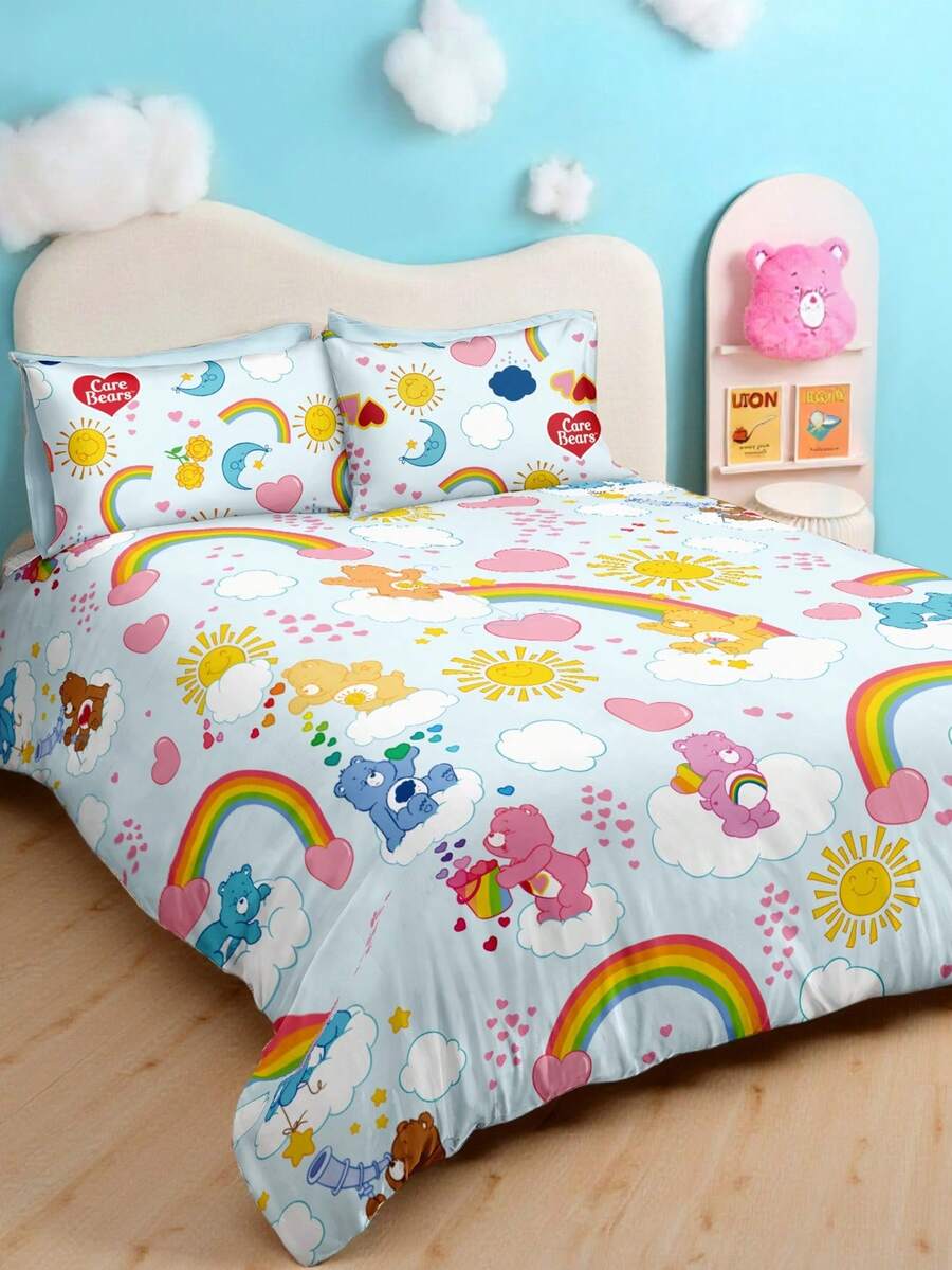SHEIN X Care Bears 3Pc Blue Rainbow Cloud Cute Printed Quilt Set, Sanded Material, Soft And Warm, Multiple Sizes, Suitable For Single Bed/Double Bed/Queen Bed/King Bed, Machine Washable - Multicolor 1 - View 1