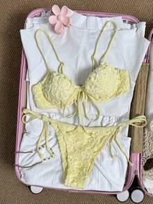 Swim Mod 2件組女款春假海灘套裝夏季服飾，純色花卉布料荷葉邊粗肩帶鋼圈胸罩可愛比基尼套組 - 黃色 - 查看 4