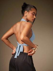Hauture Women's Sexy Basic Casual Front Metal Closure Detail Going Out Club Night Out Halter Top Dusty Blue Summer - Baby Blue - View 2