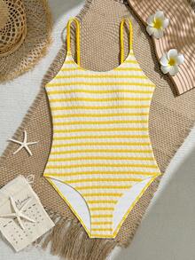 SHEIN TEEN Girl Striped Pattern Vacation Style One-Piece Swimsuit - Yellow - View 1