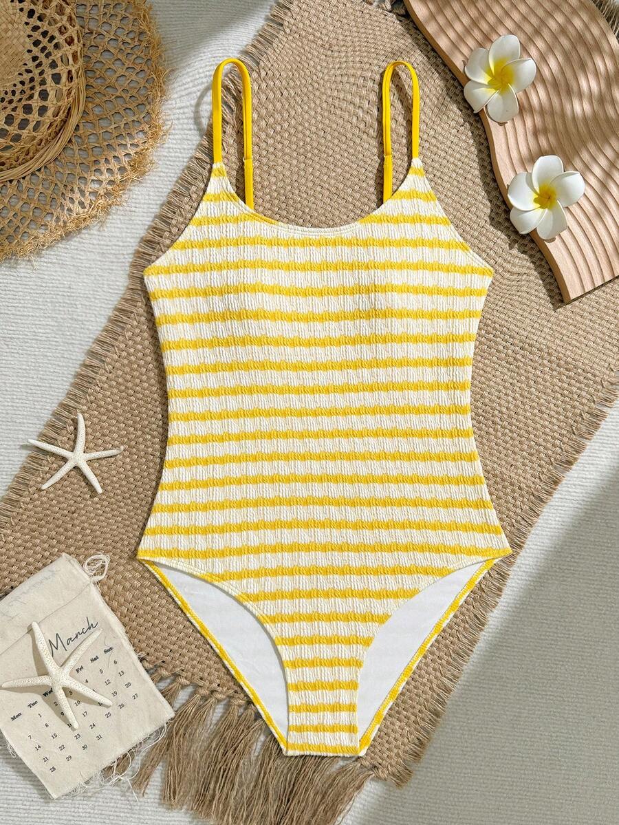 SHEIN TEEN Girl Striped Pattern Vacation Style One-Piece Swimsuit - Yellow - View 1