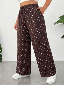 SHEIN EZwear 女款大尺碼圓點抽繩彈性腰長褲 - 棕色 - 查看 4