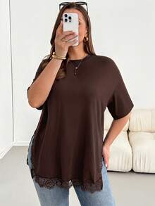 Shapeblank Plus-Size Women's Spring/Summer Fashionable Casual Elegant Loose Comfortable Everyday Holiday Basic Versatile Slimming Lace Trim Brown T-Shirt - Brown - View 5