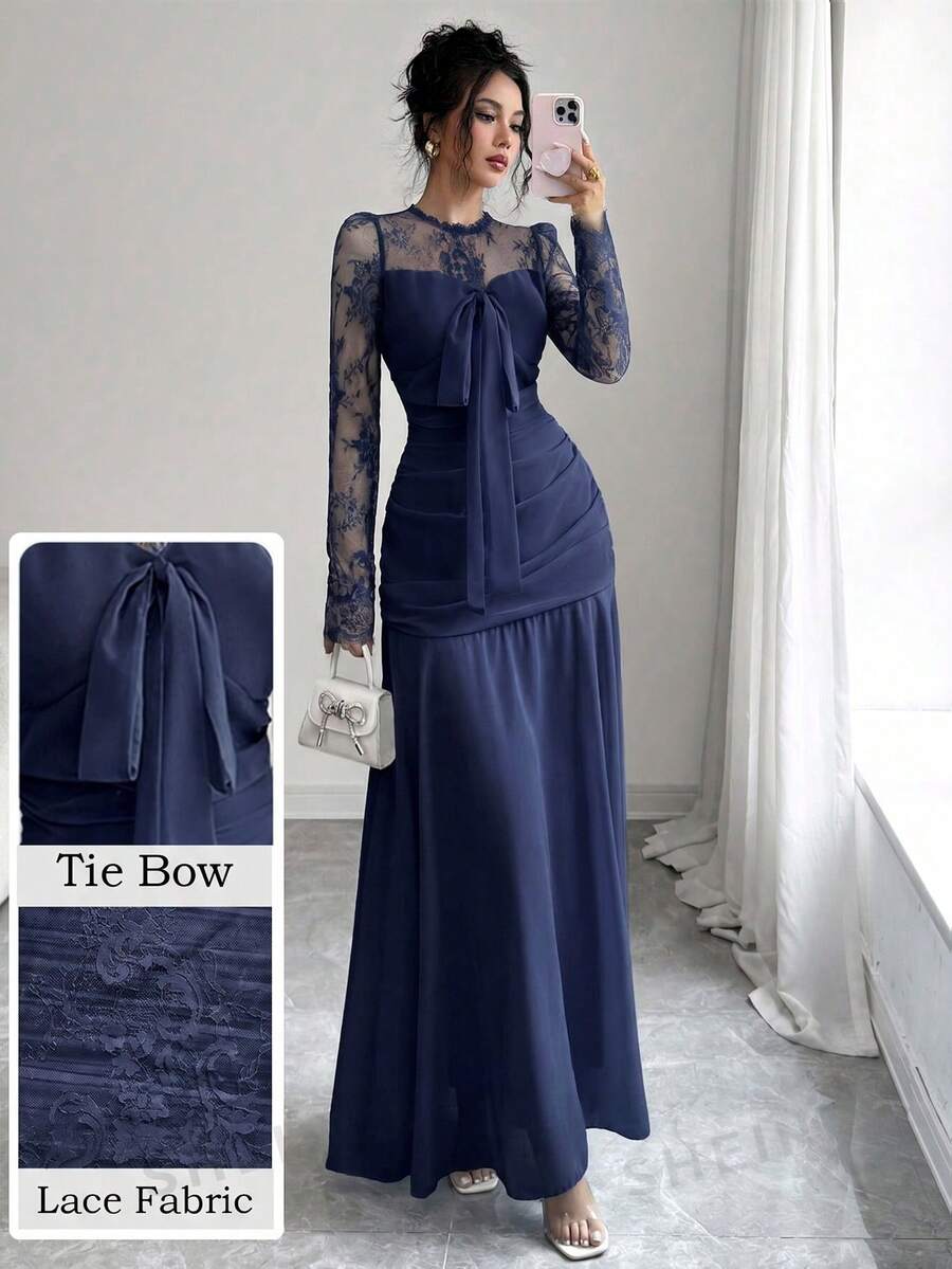 Modelyn French Design Lace Patchwork Bowknot Women's Long Dress - Navy Blue - View 1
