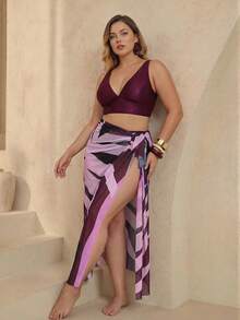 Swim Oasis Bộ bikini màu trơn cỡ lớn có áo ngực, quần bơi & váy buộc vạt cho kỳ nghỉ ở bãi biển, 3 chiếc, bãi biển mùa hè - Màu tím - Xem 4