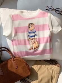 Comfortcana Women's Striped And Cartoon Pattern Colorblock Trim Sleeveless Knit Vest - Pink - View 5