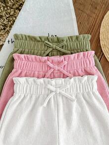 SHEIN LMoss Kids Young Girl LMoss 女孩 3件式休閒夏季套裝：梭織柔軟雙層紗布荷葉邊短褲，鬆緊腰頭，純色，百搭輕盈 - 彩色 - 查看 4