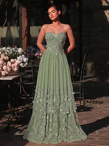 Glamrae Elegant Romantic Handmade 3D Floral Lace Chiffon Patchwork Strapless Basque Low Waist Court Style Extra Large A-Line Skirt Hem Romantic Lace Patchwork Suitable For Date Vacation Wedding Event Back To School Season Bachelorette Party Women's Evening Gown - Green - View 8