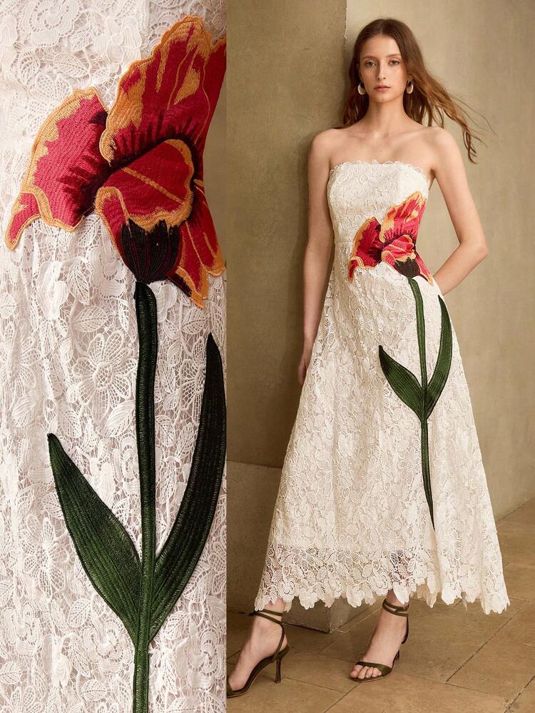 WOMEN'S GUIPURE LACE ROMANTIC FLORAL EMBROIDERED TUBE DRESS