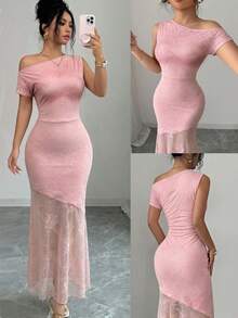 Modelyn Women's Elegant Romantic Lace Asymmetrical Shoulder Fitted Patchwork Asymmetrical Lace Hem A-Line Dress Date Pink Summer - Pink - View 2