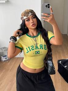 Coolane 女款大尺碼春夏街頭風酷感籃球球衣設計字母印花黃色上衣 巴西款 - 黃色 - 查看 3