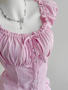 SHEIN Sweetro Women's Plaid Waist-Cinched Ruffle Tie Short Sleeve Blouse - Pink - View 6