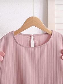 SHEIN 青少年女孩休閒優雅度假風手工3D花朵裝飾圓領短袖修身針織T恤上衣，返校季 - 粉色 - 查看 5
