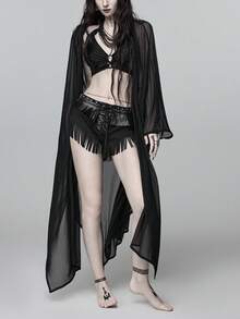 ROMWE Goth Blusa de manga de murciélago transparente de estilo gótico para vacaciones de primavera/verano en la playa - Negro - Ver 5