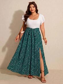 Elaquor Women's Plus Size Ruffle Sleeve High Waist Side Slit Dress - Dark Green - View 4