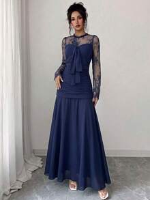 Modelyn French Design Lace Patchwork Bowknot Women's Long Dress - Navy Blue - View 7