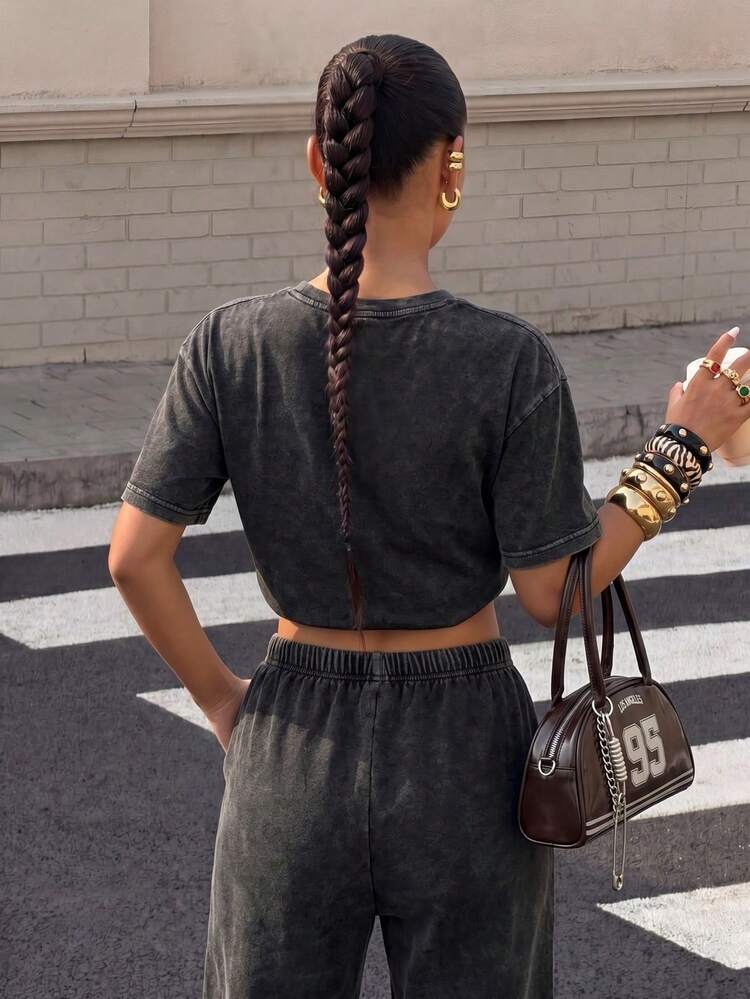 SHEIN EZwear 女士休闲圆领短袖上衣和长裤套装 - 黑色 - 查看 2