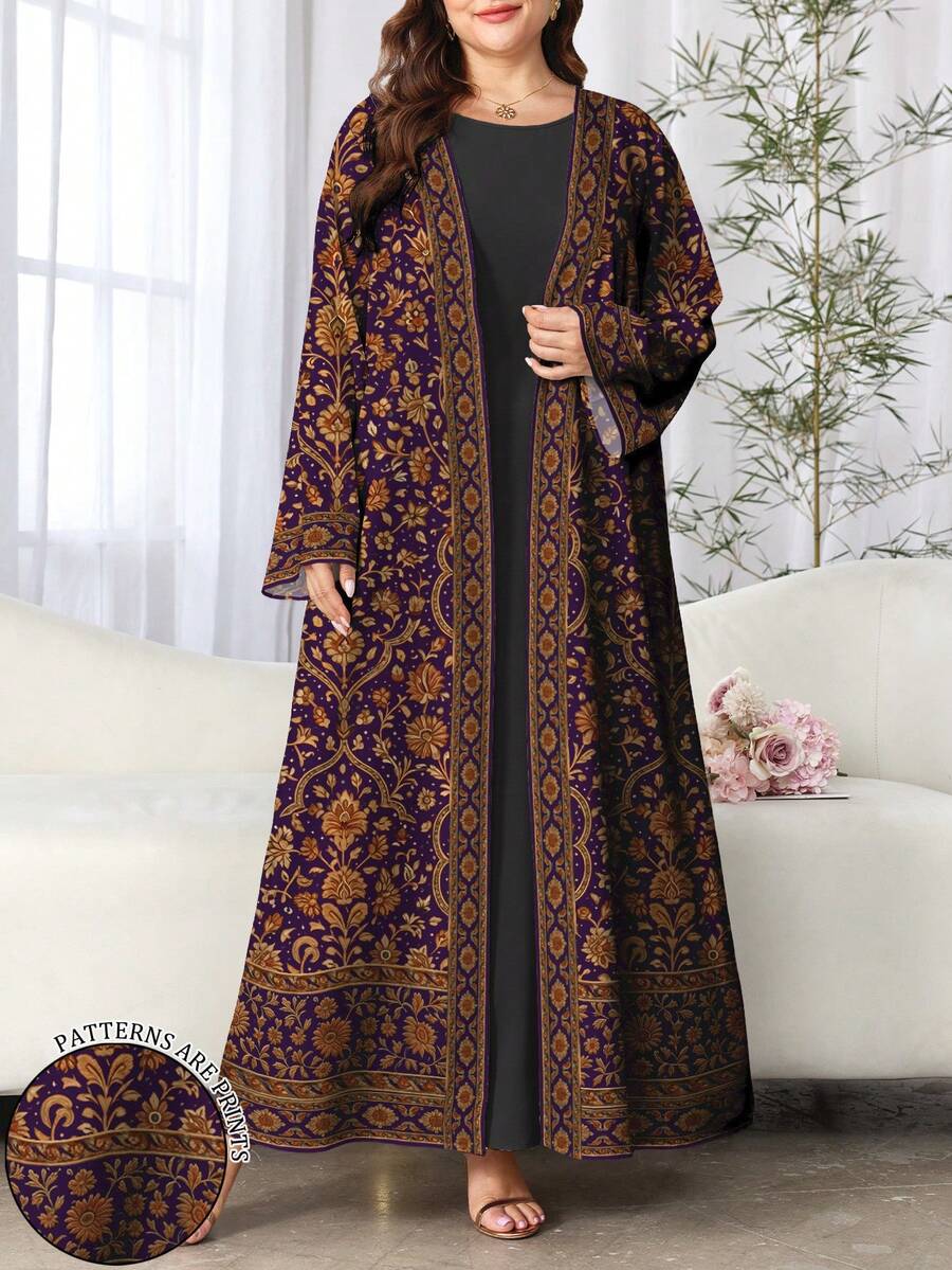 SHEIN Najma 大码女式花卉数码印花休闲长袖阿拉伯风格阿巴雅开衫外套,春秋季 - 彩色 - 查看 1