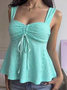 MainGRL Women's Casual Pleated Tie-Up Hollow Back Tank Top,Summer Top - Teal Blue - View 5