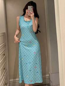 DAZY Sweet Polka Dot Bow Print All-Over Print Ruched Ruffle Trim Sleeveless Cinched Waist Women's Nightgown Summer - Green - View 4