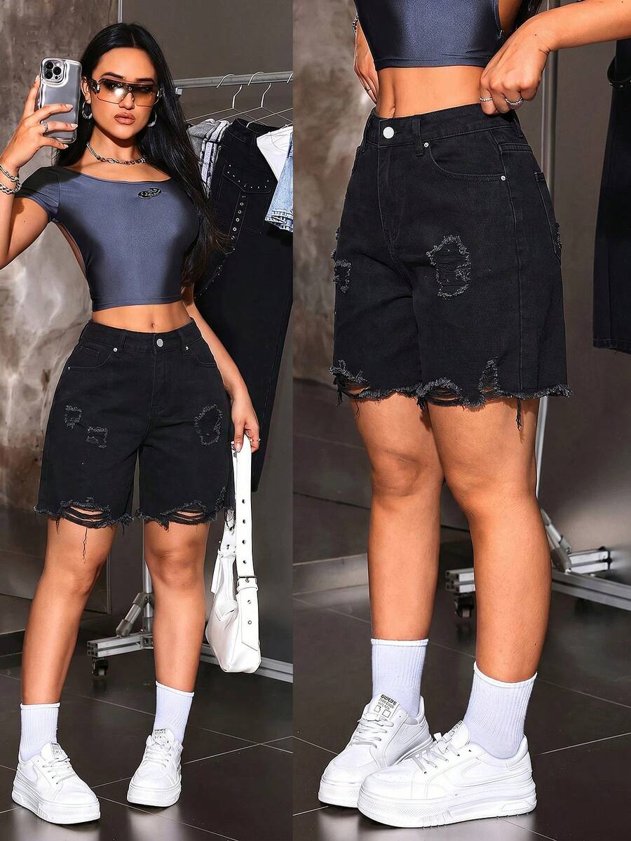 SHEIN ICON 夏季休閒破洞牛仔短褲 - 黑色 - 查看 1