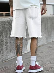 Devon Thys 男士宽松仿旧梯形设计棉质牛仔短裤 - 米色 - 查看 2