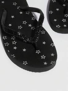 Grefit Star Printed Flat Home Beach Flip Flops (Random Solid/Hollow Star Pattern, Slight Paint Smear On Printed Pattern Is Normal) Back To School Shoes College Student Shoes Spring Shoes Spring Break Easter For Casual Beach Style For Christmas Beach Shoes Summer Shoes - Black - View 5
