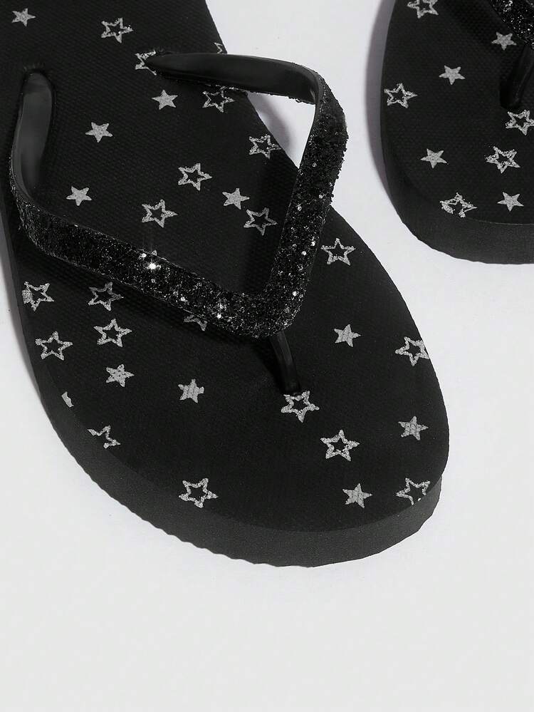 Star Printed Flat Home Beach Flip Flops (Random Solid/Hollow Star Pattern, Slight Paint Smear On Printed Pattern Is Normal) Back To School Shoes College Student Shoes Spring Shoes Spring Break Easter For Casual Beach Style For Christmas Beach Shoes Summer Shoes