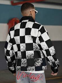 Devon Thys Manfinity Streetrush 舒适撞色棋盘格纹男士长袖夹克，格子夹克，黑白夹克，赛车夹克，秋季款 - 黑色 - 查看 5