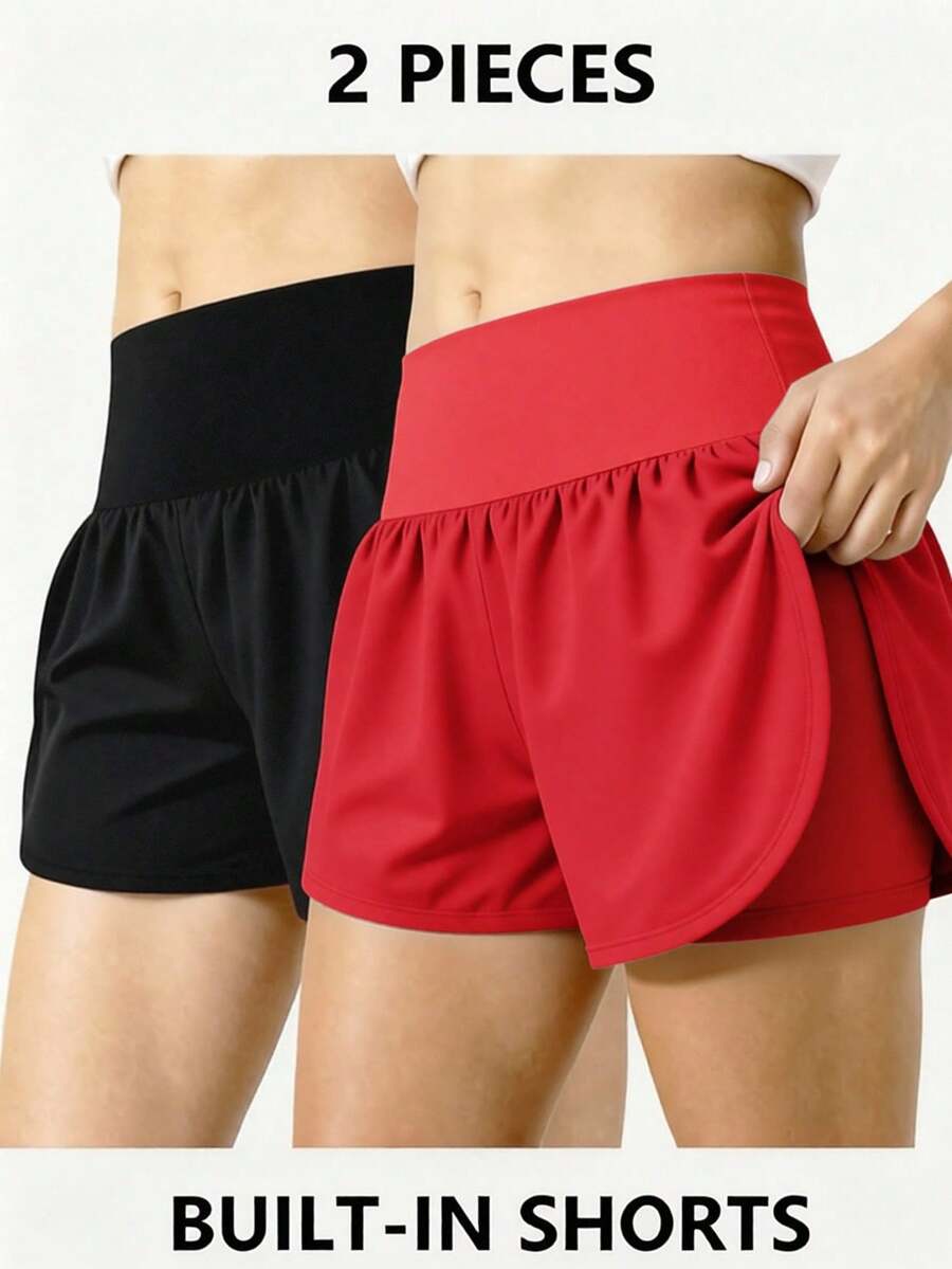 SHEIN 青少年女孩 2件組 素色休閒簡約 寬鬆舒適 百搭學院風 運動跑步戶外 高腰設計 貼身顯高 修身短褲 夏季適用 - 彩色 - 查看 1