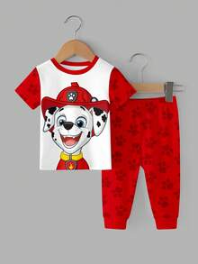 SHEIN | PAW Patrol 男嬰圓領卡通圖案短袖上衣與長褲休閒日常居家睡衣套裝 - 彩色 - 查看 3
