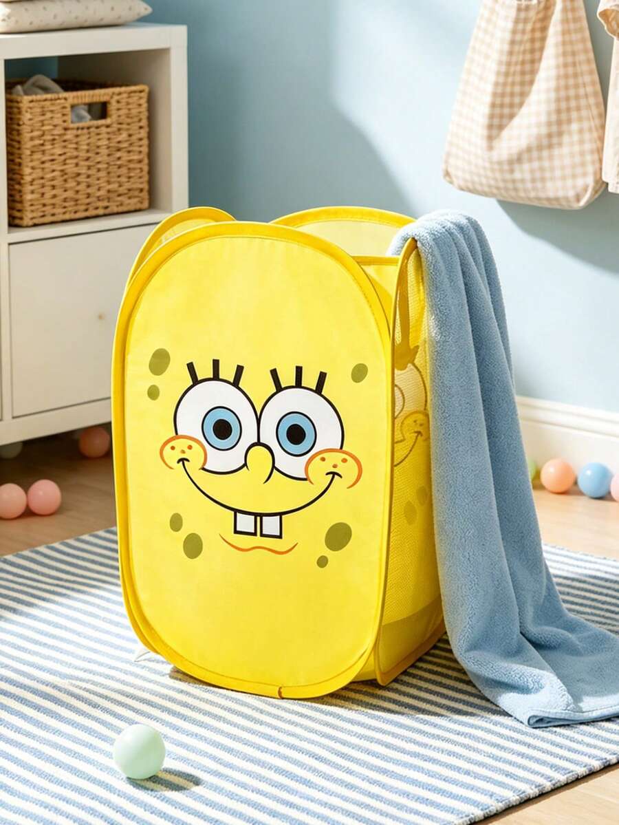 SpongeBob SquarePants | SHEIN 聚酯纖維可折疊收納籃 - 彈跳式便攜收納籃，家用多功能收納盒，適用於衣物、玩具、雜物分類，輕巧耐用且易於清潔，適用於臥室、客廳、浴室、宿舍、旅行使用，附手柄可懸掛收納，卡通圖案設計時尚 - 黃色 - 查看 1