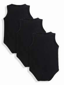 SHEIN Playful Pals 3pcs Baby Boy Casual Solid Color Round Neck Vest & Pants Set, Summer - Black - View 2