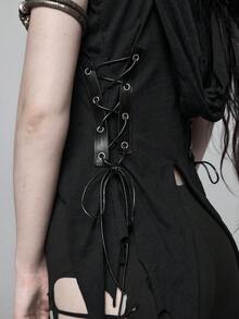 ROMWE Goth Forbidden Art 女款連帽上衣 金屬扣飾 繫帶抽繩設計 不對稱下擺 破舊風 性感 - 黑色 - 查看 3