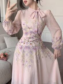Modelyn 女士系带腰部褶皱印花长袖连衣裙 - 淺粉色 - 查看 6