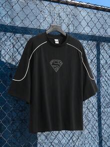 SUPERMAN X SHEIN Men's Geometric Print Crew Neck Short Sleeve Casual Versatile T-Shirt - Black - View 1