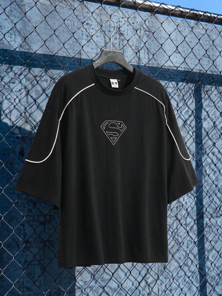 SUPERMAN X SHEIN Men's Geometric Print Crew Neck Short Sleeve Casual Versatile T-Shirt - Black - View 1