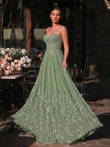 Glamrae Elegant Romantic Handmade 3D Floral Lace Chiffon Patchwork Strapless Basque Low Waist Court Style Extra Large A-Line Skirt Hem Romantic Lace Patchwork Suitable For Date Vacation Wedding Event Back To School Season Bachelorette Party Women's Evening Gown - Green - View 7
