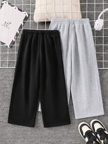 SHEIN 2件組兒童青少年男童灰色&黑色春/秋/冬寬鬆寬腿褲，對比腰繩設計，百搭韓日風，適合上學、居家、外出、時尚穿搭 - 彩色 - 查看 3