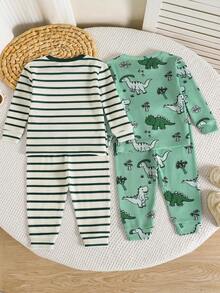SHEIN DINO 恐龍系列 綠色 Kids' Choice Collection 日常基本款 Happy Kids 兒童馬卡龍色 Bikercore 家庭旅行 Happy Days 我愛媽媽 我愛爸爸 溫馨居家 Cool Kids 男嬰貼身 4件組 緊身卡通恐龍圖案條紋親膚柔軟舒適居家睡衣套裝 - 綠色 - 查看 4