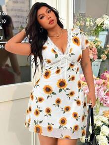 SHEIN EZwear 白色大尺碼女款向日葵印花對比蕾絲蝴蝶結裝飾洋裝 - 白色 - 查看 2